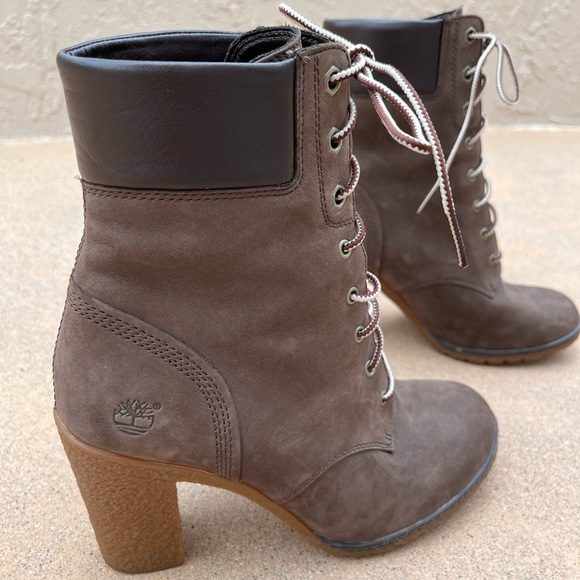 TIMBERLAND Glancy Heeled Boot Brown Lug Sole Lace Up 7.5 LIKE NEW Revolve 6” - Picture 2 of 14